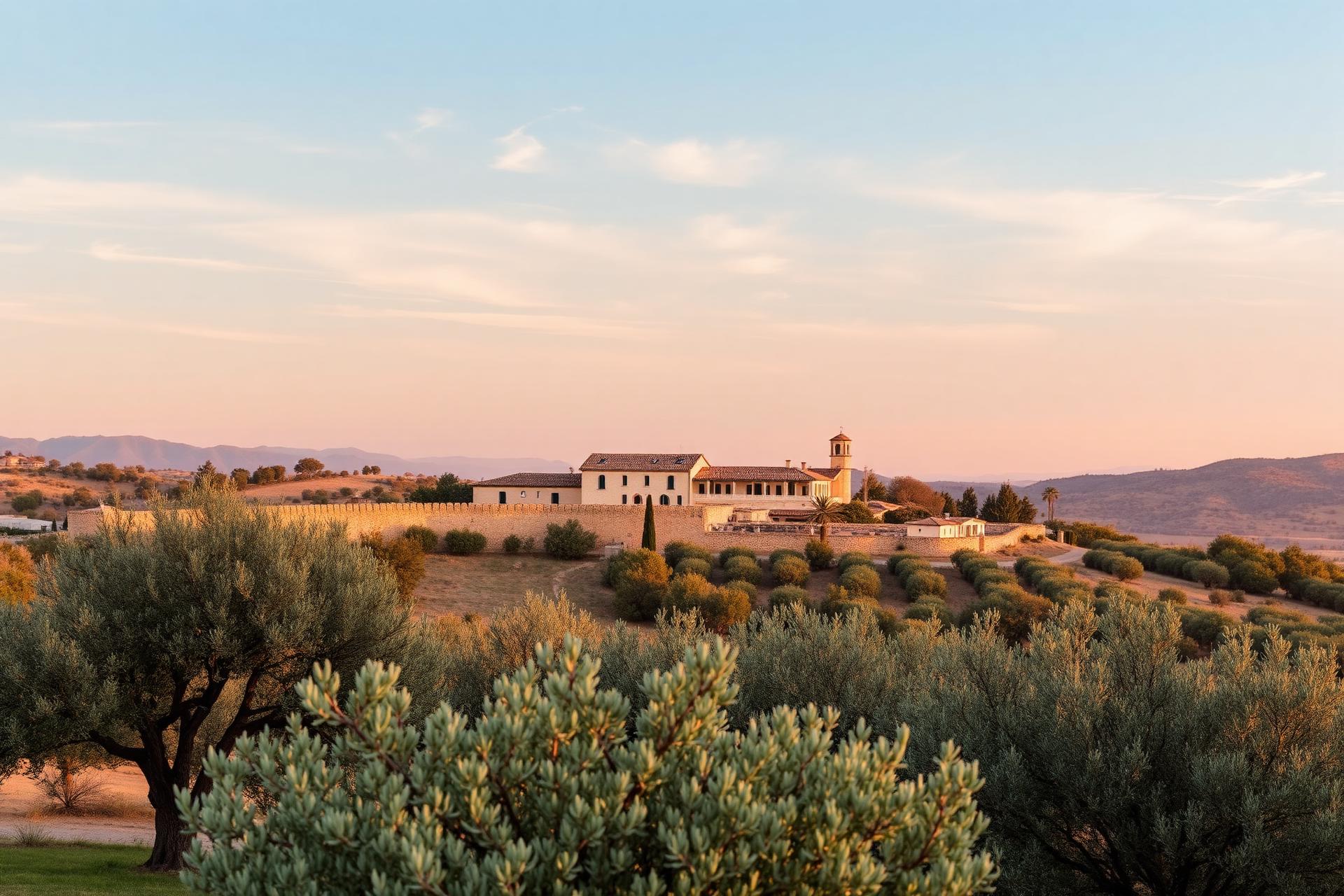 Panoramica dell'Agriturismo Occhio Mininno tra gli ulivi al tramonto
