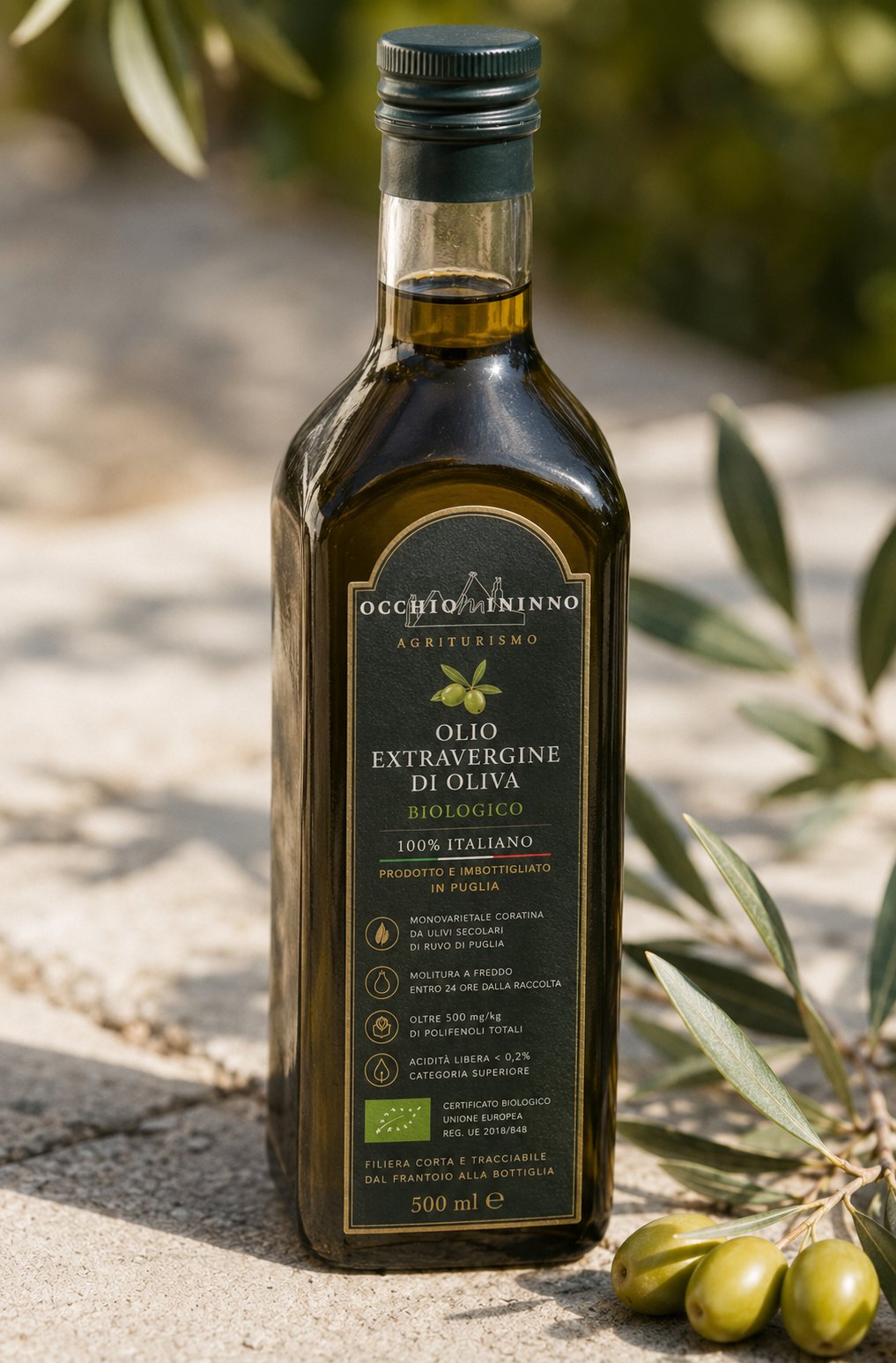 Bottiglia di olio extravergine d'oliva biologico 500 ml, monovarietale Coratina di Ruvo di Puglia